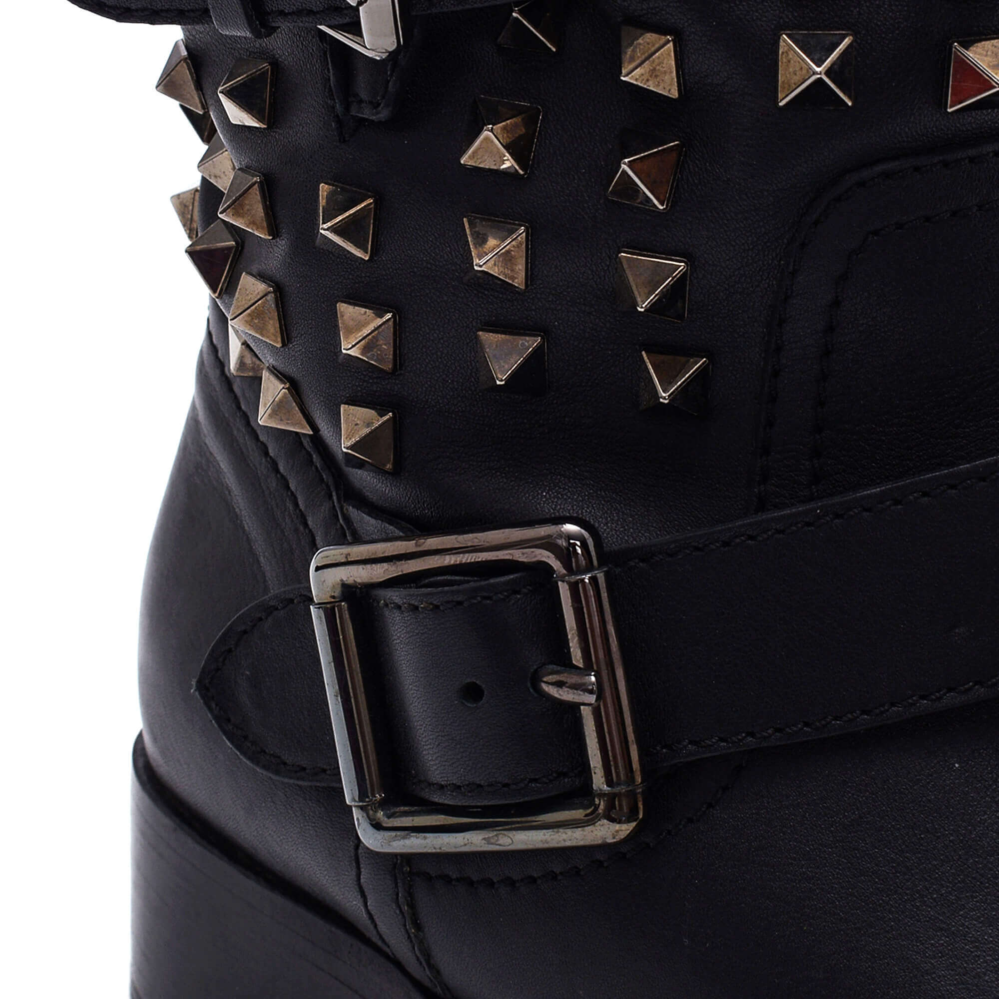 Valentino - Black Leather Double Buckle Rockstudded Boots